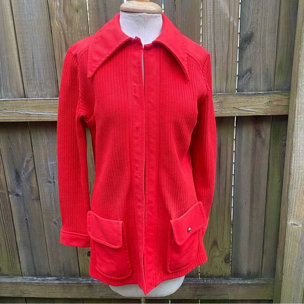 Vintage Stockton red knit ribbed dagger collar sweater jacket shacket S as is
